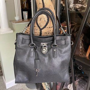 MICHAEL Michael Kors Hamilton Saffiano Leather Satchel Black / Silver Hardware